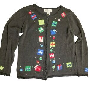 TIARA INTERNATIONAL M Black Christmas Cardigan Knit Sweater Beaded‎ Festive